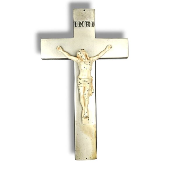 Vintage Metal Wall Crucifix 10" INRI Jesus Figure Religious Christian Décor - Picture 1 of 8